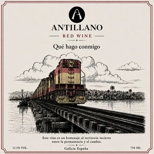 Etiqueta Qué hago conmigo, con locomotora en colores de España
